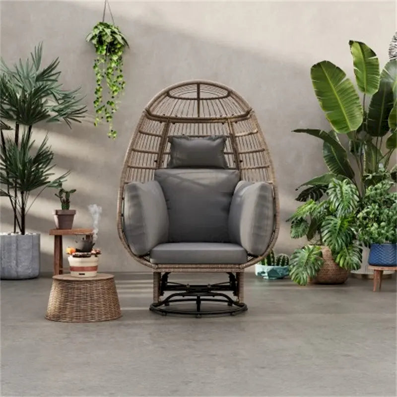 Sillón Huevo de Ratán Beige Natural / Gris – Giratorio y Balancín, Asiento Individual