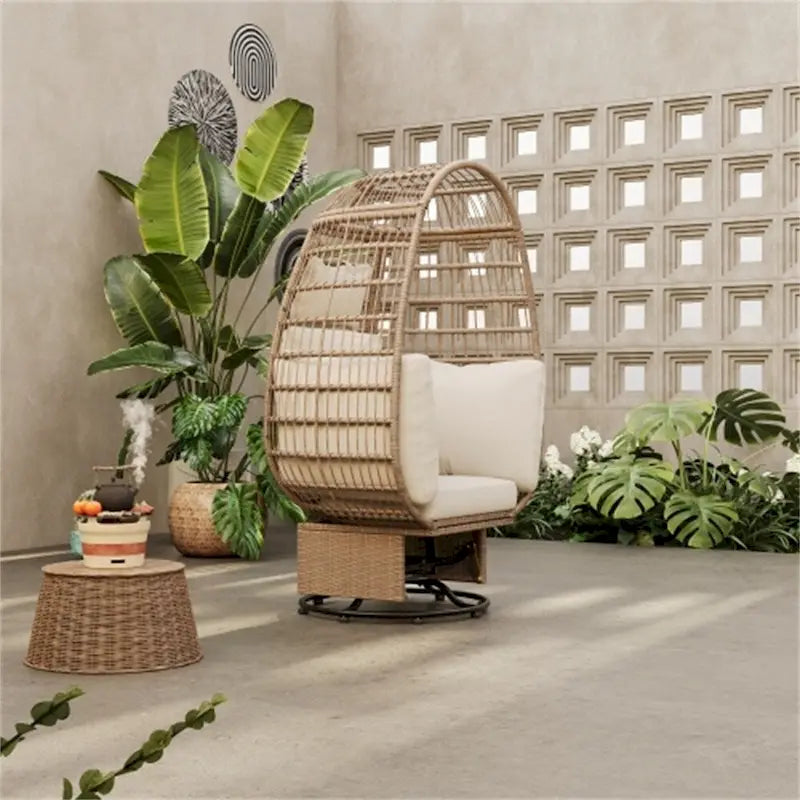 Sillón Huevo de Ratán Beige Natural / Gris – Giratorio y Balancín, Asiento Individual