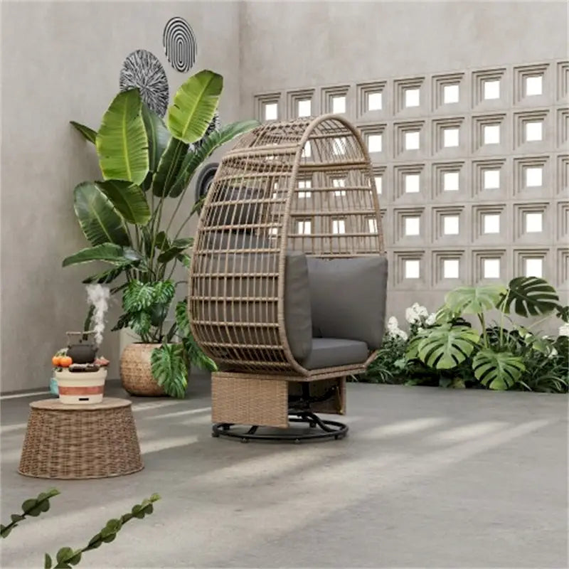 Sillón Huevo de Ratán Beige Natural / Gris – Giratorio y Balancín, Asiento Individual