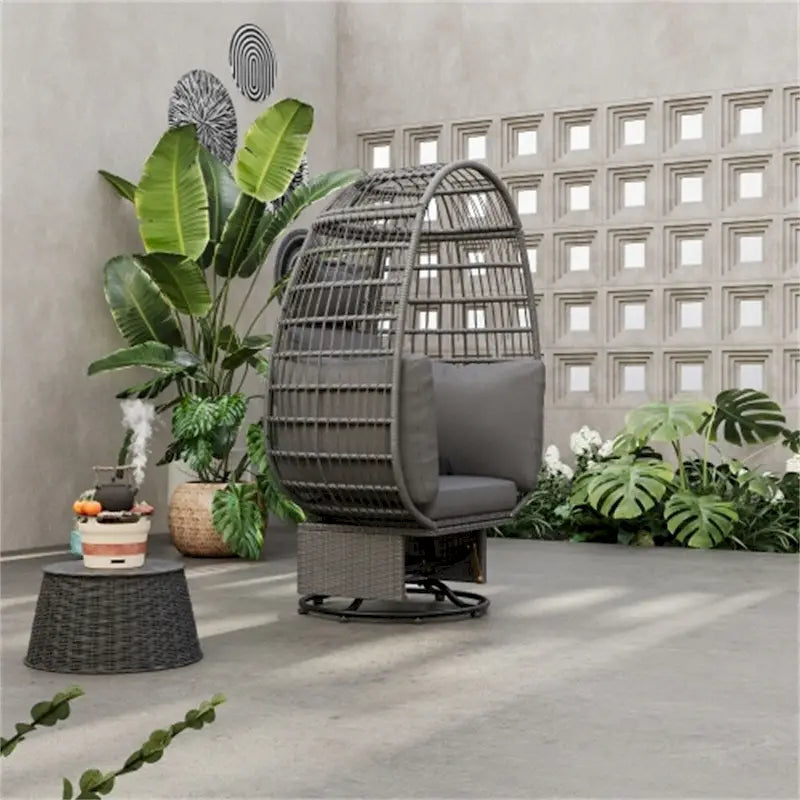 Sillón Huevo de Ratán Beige Natural / Gris – Giratorio y Balancín, Asiento Individual