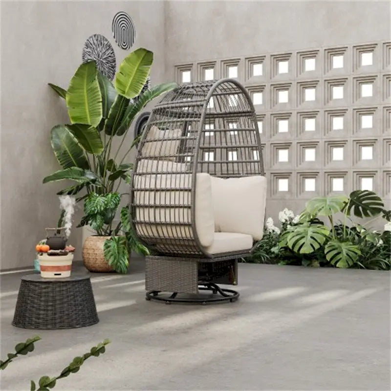 Sillón Huevo de Ratán Beige Natural / Gris – Giratorio y Balancín, Asiento Individual