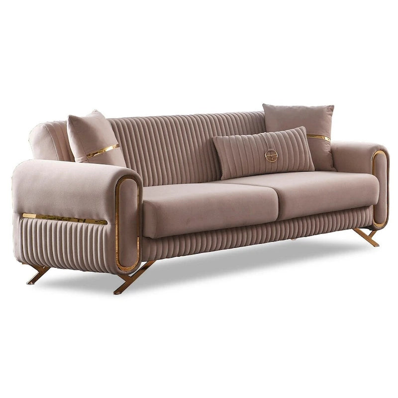 Sofá Cama Convertible Beige / Gris Claro con Almacenamiento, 2 Plazas, Patas de Metal