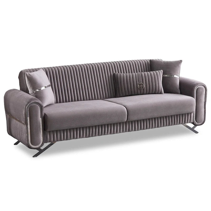 Sofá Cama Convertible Beige / Gris Claro con Almacenamiento, 2 Plazas, Patas de Metal