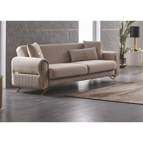 Sofá Cama Convertible Beige / Gris Claro con Almacenamiento, 2 Plazas, Patas de Metal