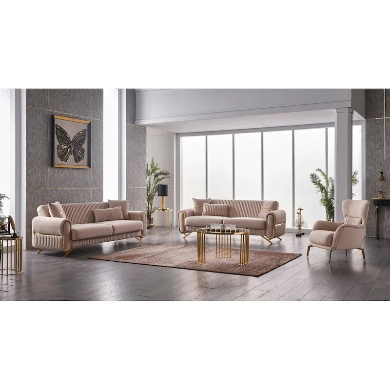 Sofá Cama Convertible Beige / Gris Claro con Almacenamiento, 2 Plazas, Patas de Metal