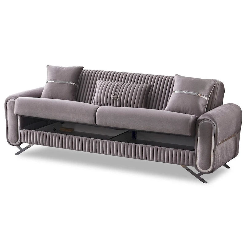 Sofá Cama Convertible Beige / Gris Claro con Almacenamiento, 2 Plazas, Patas de Metal