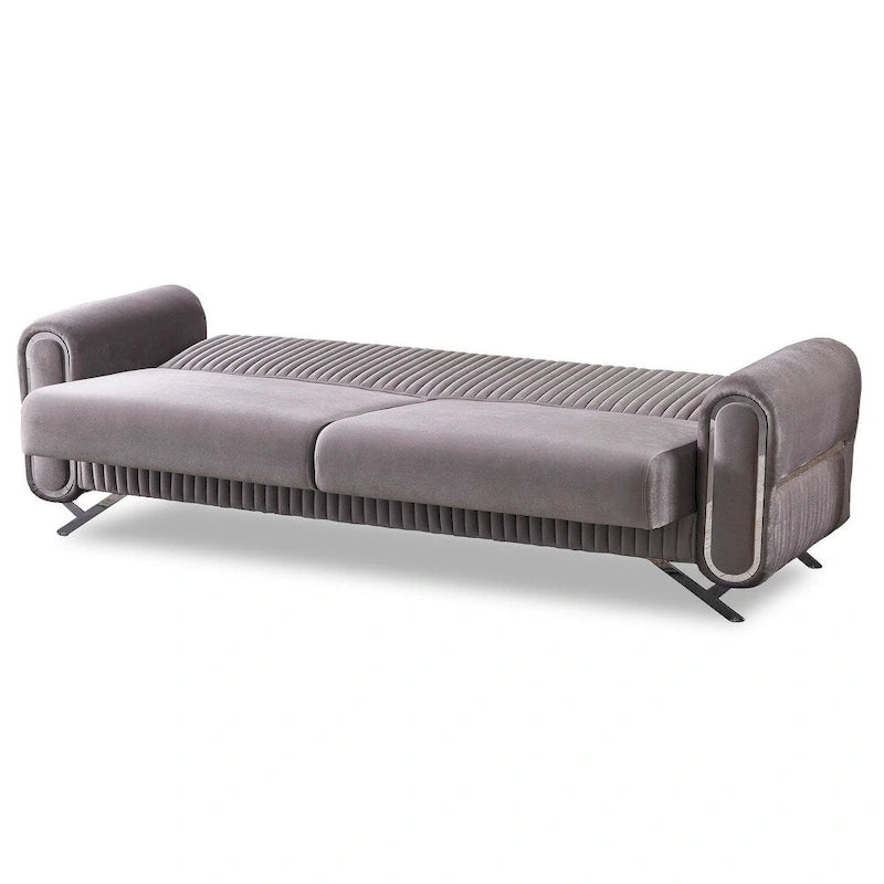 Sofá Cama Convertible Beige / Gris Claro con Almacenamiento, 2 Plazas, Patas de Metal