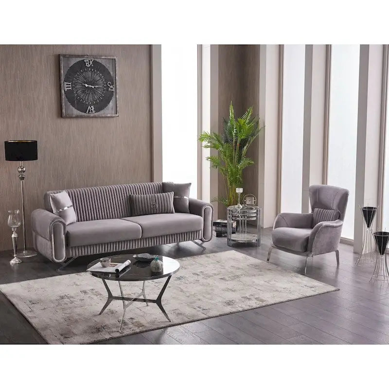 Sofá Cama Convertible Beige / Gris Claro con Almacenamiento, 2 Plazas, Patas de Metal