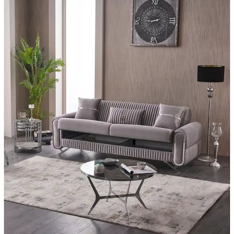 Sofá Cama Convertible Beige / Gris Claro con Almacenamiento, 2 Plazas, Patas de Metal