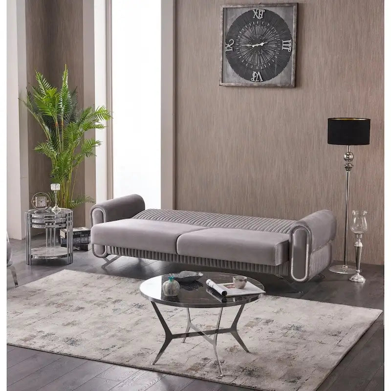 Sofá Cama Convertible Beige / Gris Claro con Almacenamiento, 2 Plazas, Patas de Metal