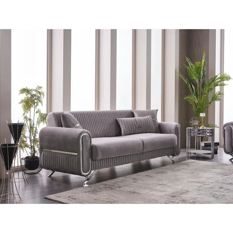 Sofá Cama Convertible Beige / Gris Claro con Almacenamiento, 2 Plazas, Patas de Metal