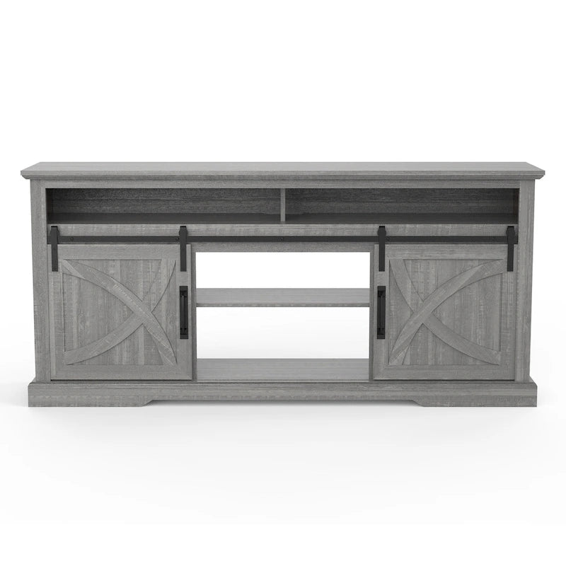 Mueble de TV gris con puertas correderas tipo granero, 2 puertas, apto para televisores de hasta 78"