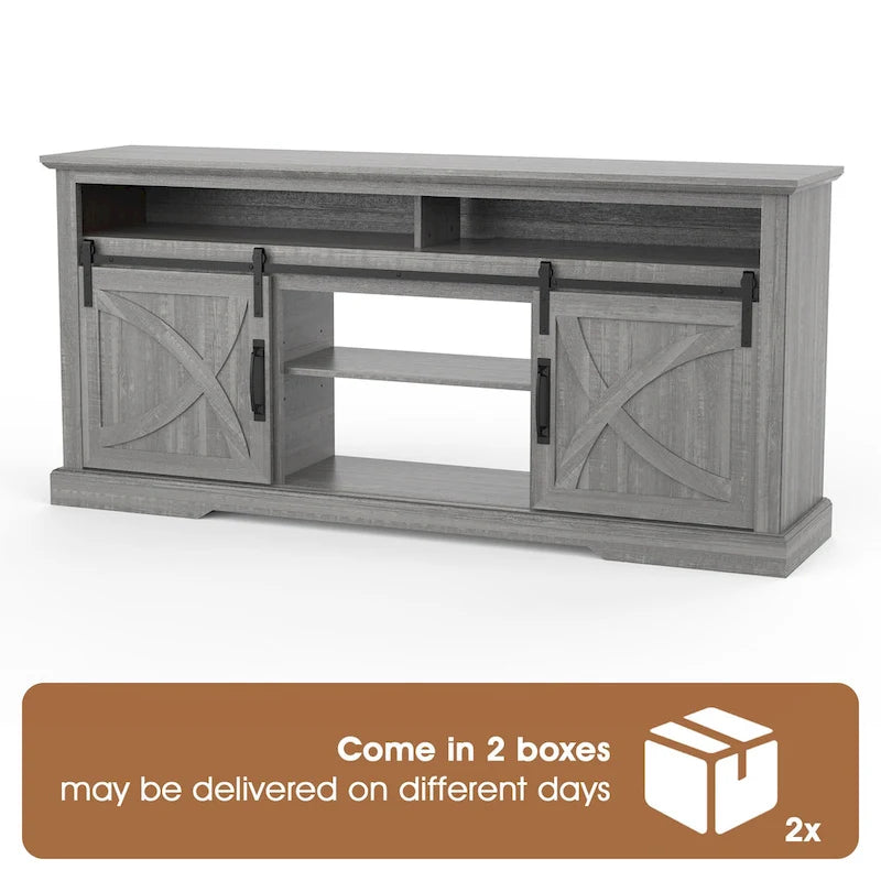 Mueble de TV gris con puertas correderas tipo granero, 2 puertas, apto para televisores de hasta 78"