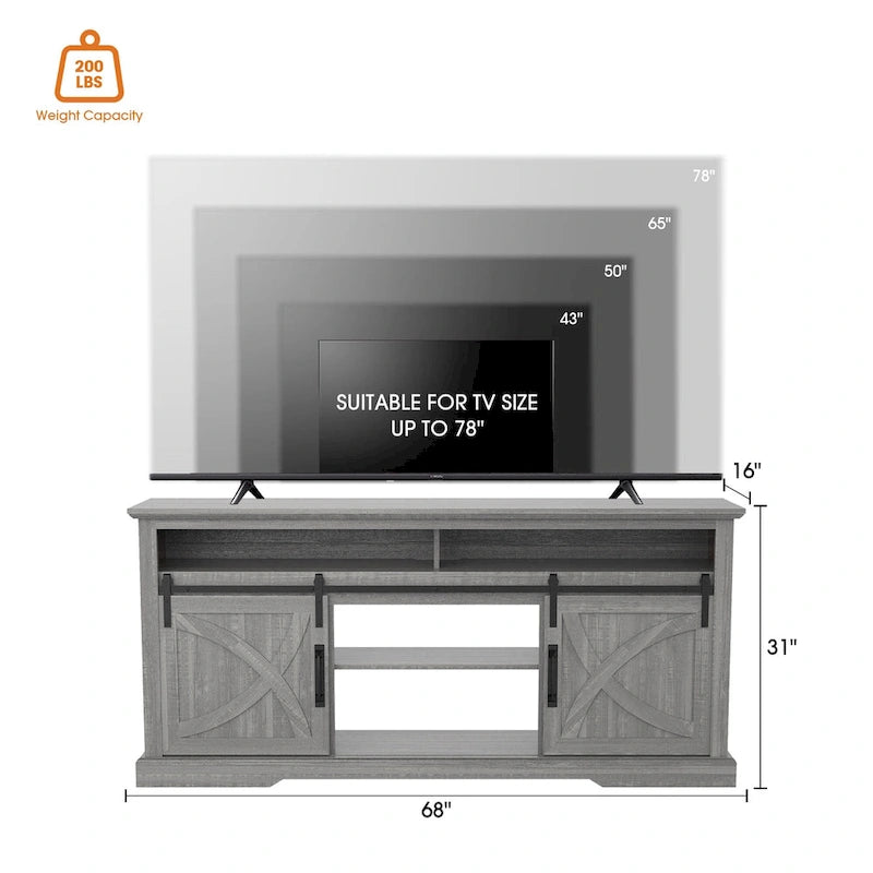 Mueble de TV gris con puertas correderas tipo granero, 2 puertas, apto para televisores de hasta 78"