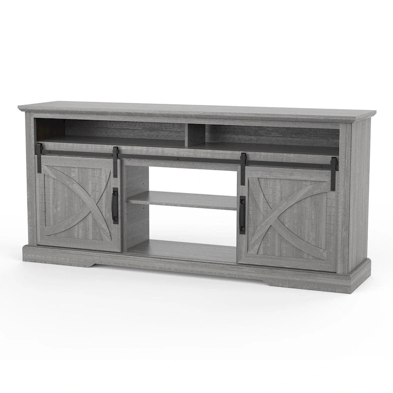 Mueble de TV gris con puertas correderas tipo granero, 2 puertas, apto para televisores de hasta 78"