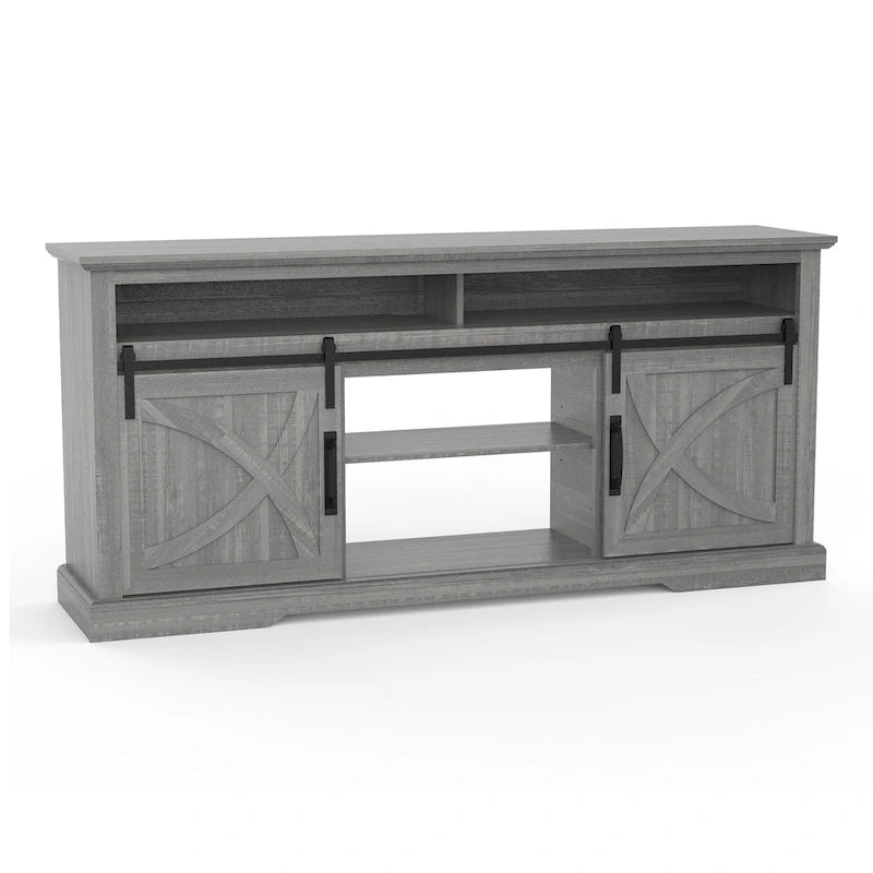 Mueble de TV gris con puertas correderas tipo granero, 2 puertas, apto para televisores de hasta 78"