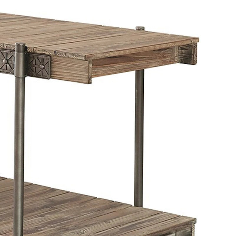 Mesa de sofá de 47", diseño de tablones, 1 estante, patas de rueda, marrón y negro