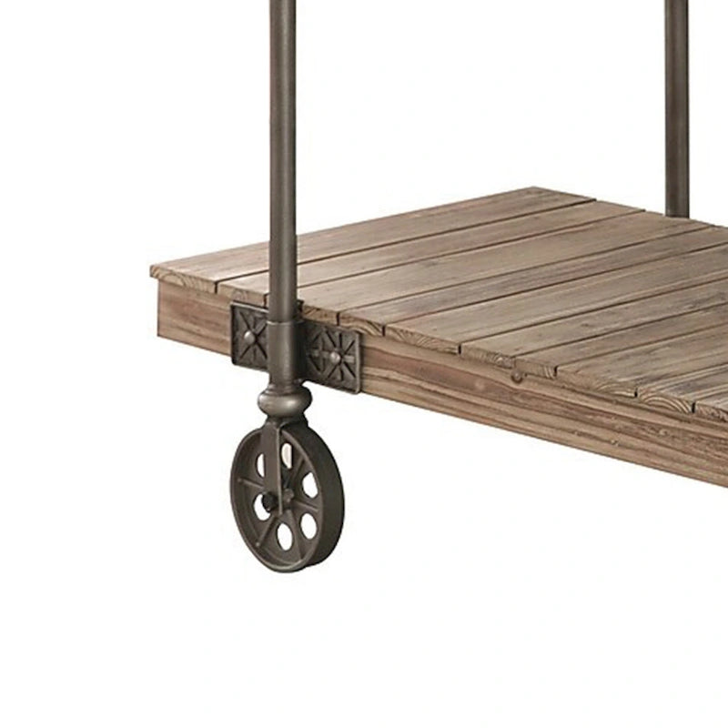 Mesa de sofá de 47", diseño de tablones, 1 estante, patas de rueda, marrón y negro