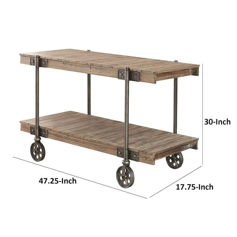 Mesa de sofá de 47", diseño de tablones, 1 estante, patas de rueda, marrón y negro
