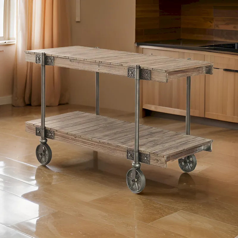 Mesa de sofá de 47", diseño de tablones, 1 estante, patas de rueda, marrón y negro