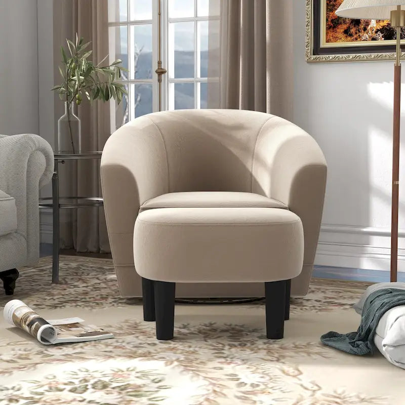 Sillón giratorio cilíndrico de terciopelo beige/negro con otomana, 1 persona
