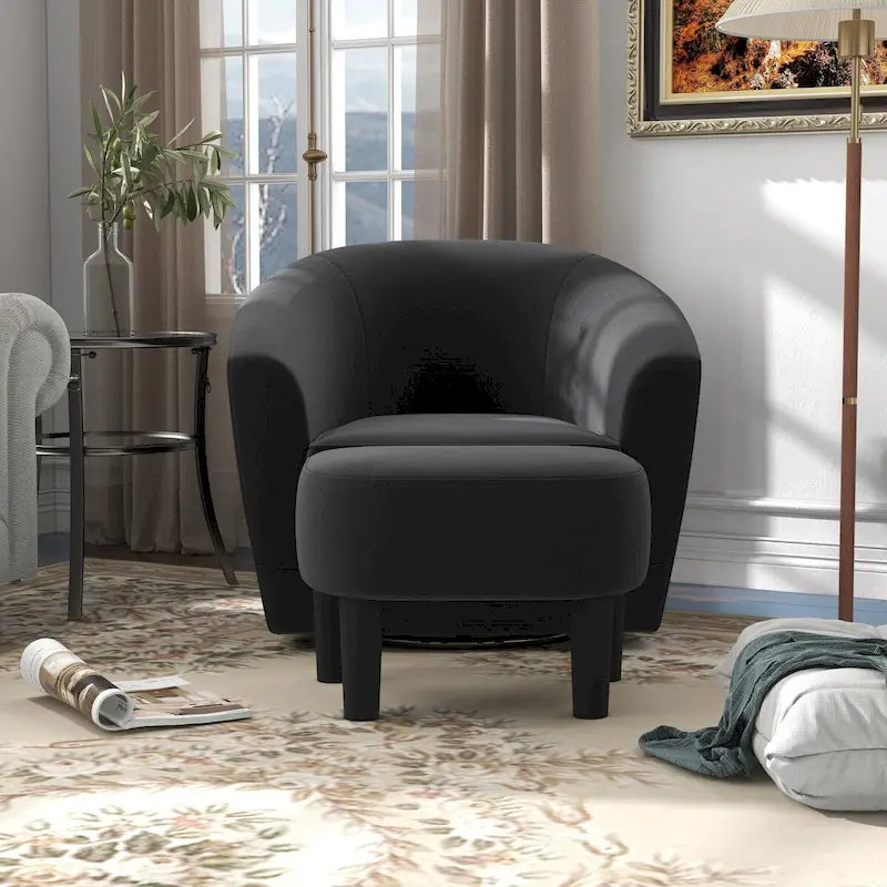 Sillón giratorio cilíndrico de terciopelo beige/negro con otomana, 1 persona