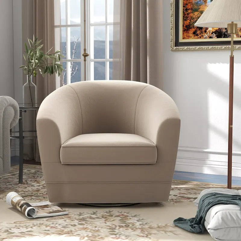 Sillón giratorio cilíndrico de terciopelo beige/negro con otomana, 1 persona