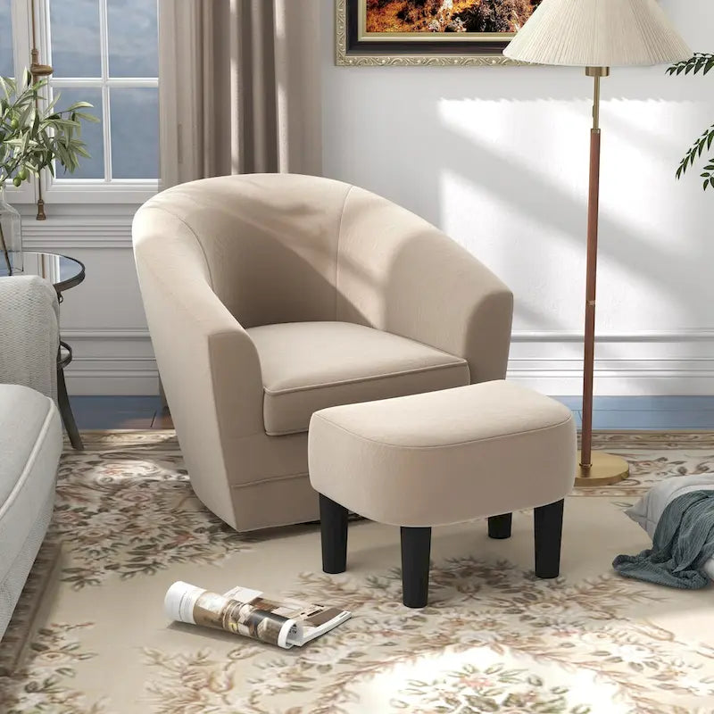 Sillón giratorio cilíndrico de terciopelo beige/negro con otomana, 1 persona