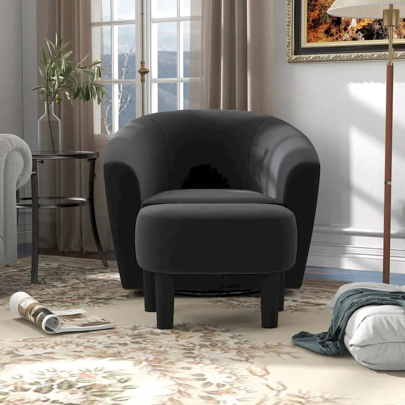 Sillón giratorio cilíndrico de terciopelo beige/negro con otomana, 1 persona