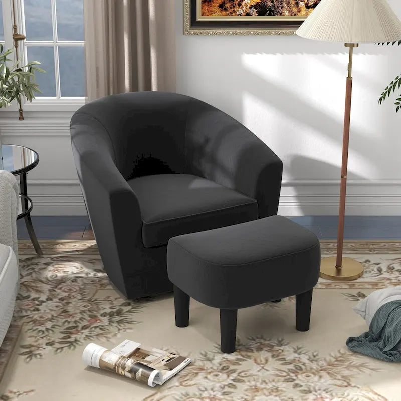 Sillón giratorio cilíndrico de terciopelo beige/negro con otomana, 1 persona