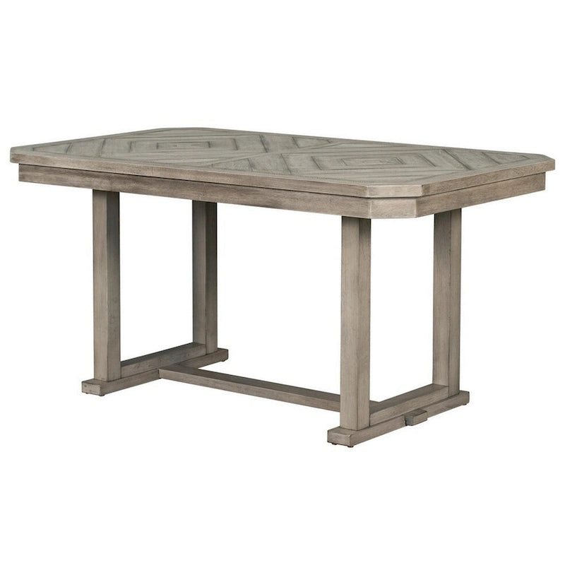 Mesa de comedor rectangular gris, veta de madera en forma de diamante, base de caballete, para 6 personas