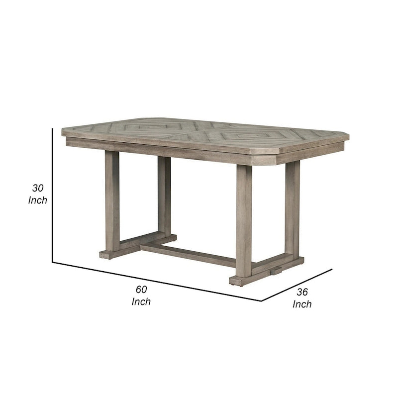 Mesa de comedor rectangular gris, veta de madera en forma de diamante, base de caballete, para 6 personas