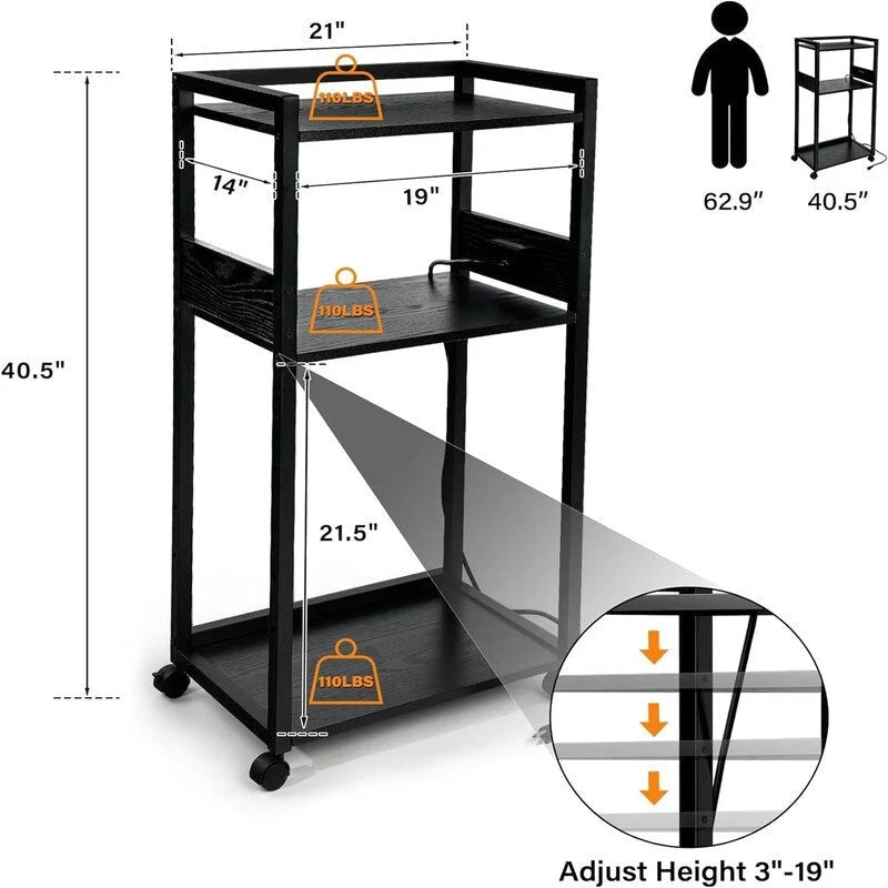 Soporte para impresora de 3 niveles en negro/marrón con ruedas, estilo retro, para 1 persona
