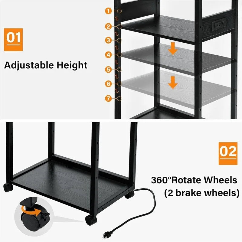 Soporte para impresora de 3 niveles en negro/marrón con ruedas, estilo retro, para 1 persona