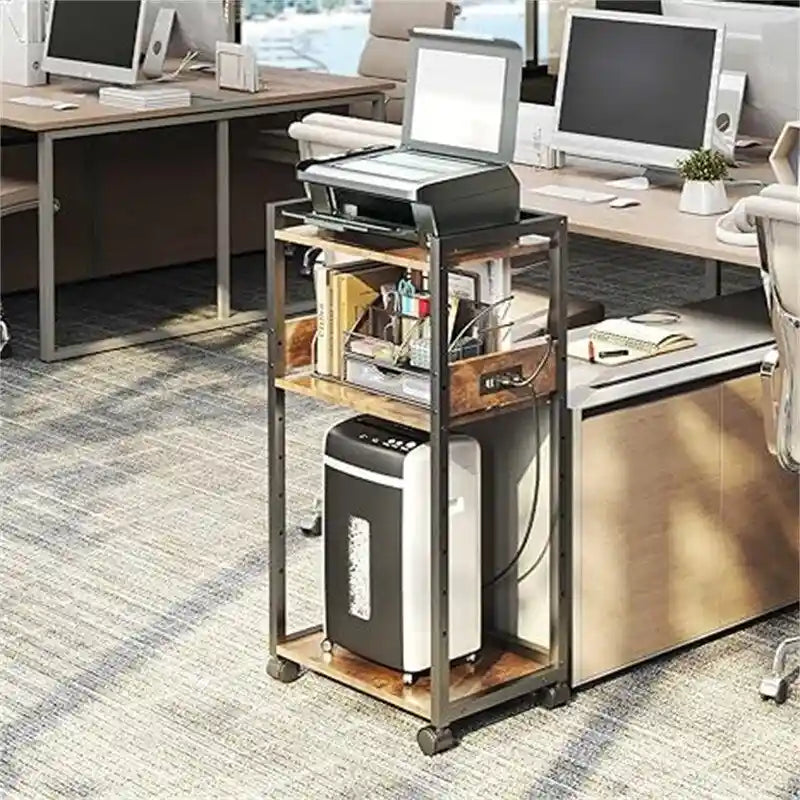 Soporte para impresora de 3 niveles en negro/marrón con ruedas, estilo retro, para 1 persona