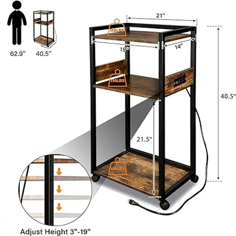 Soporte para impresora de 3 niveles en negro/marrón con ruedas, estilo retro, para 1 persona