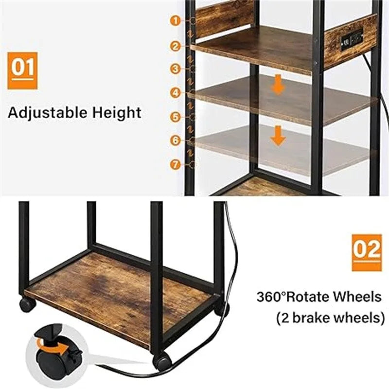 Soporte para impresora de 3 niveles en negro/marrón con ruedas, estilo retro, para 1 persona