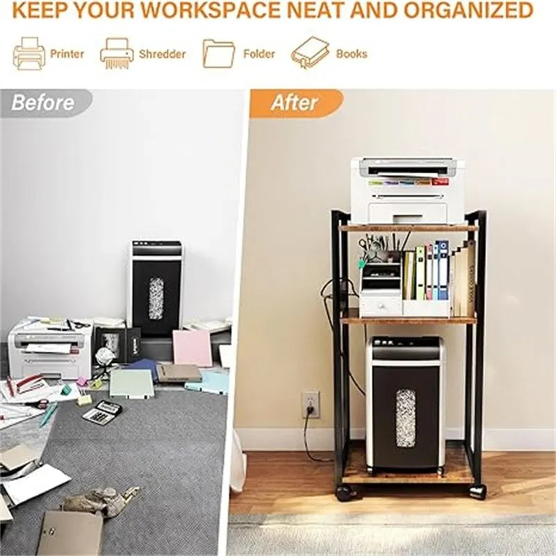 Soporte para impresora de 3 niveles en negro/marrón con ruedas, estilo retro, para 1 persona