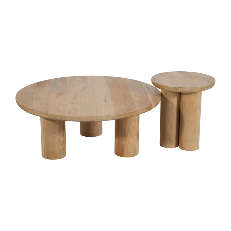 Mesas de centro redondas nido de madera de mango marrón natural, juego de 2