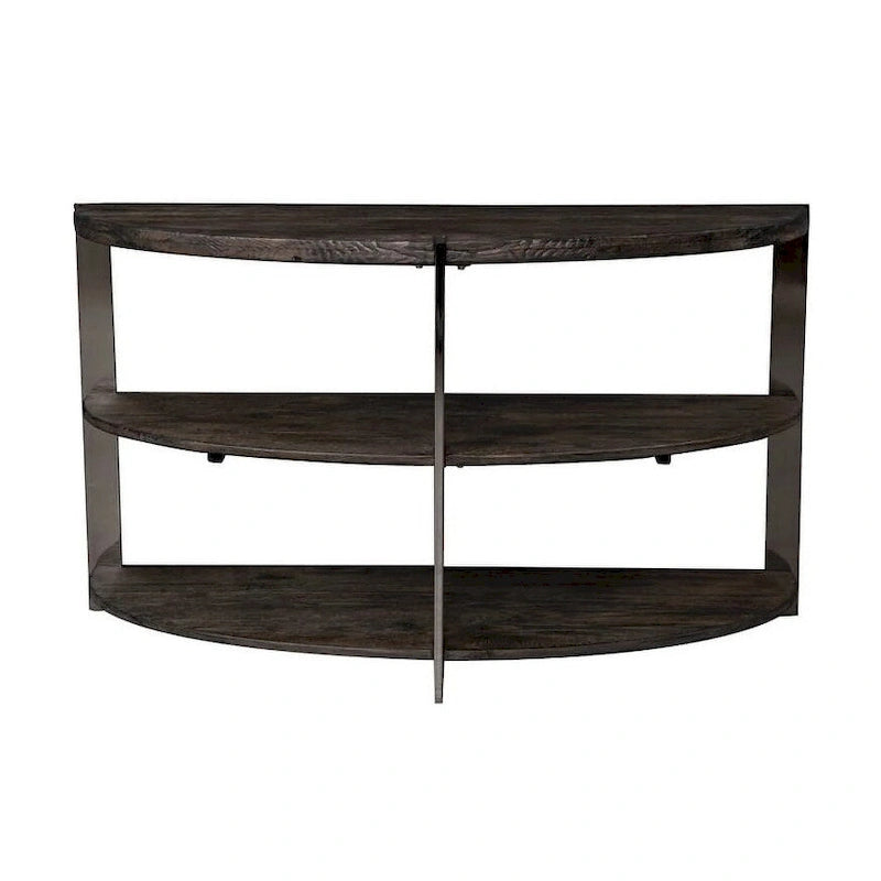 Mesa consola de media luna, carbón, tapa de madera / metal cromado, 2 estantes – Montaje por 1 persona