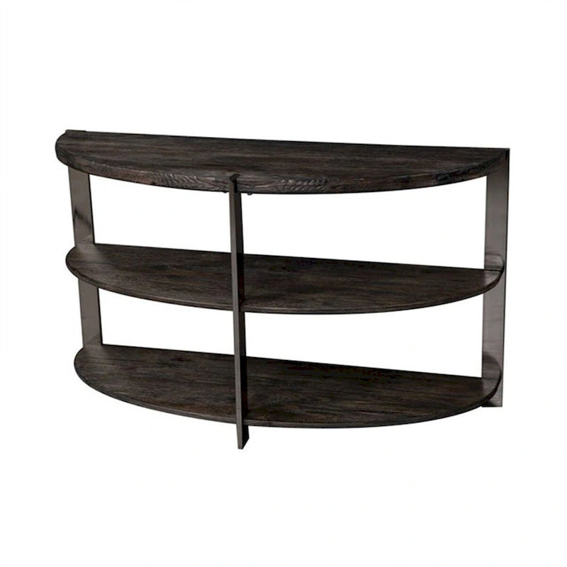 Mesa consola de media luna, carbón, tapa de madera / metal cromado, 2 estantes – Montaje por 1 persona