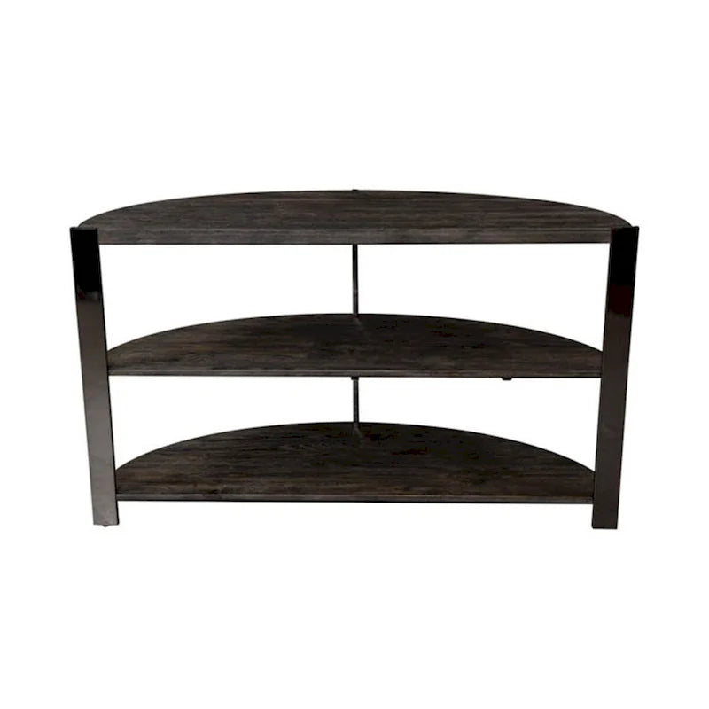 Mesa consola de media luna, carbón, tapa de madera / metal cromado, 2 estantes – Montaje por 1 persona