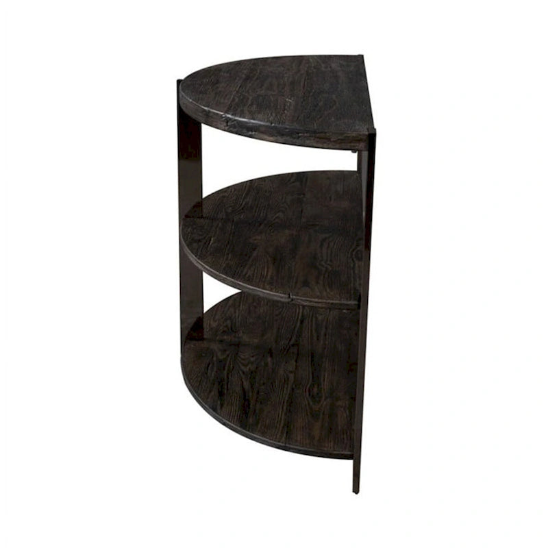 Mesa consola de media luna, carbón, tapa de madera / metal cromado, 2 estantes – Montaje por 1 persona