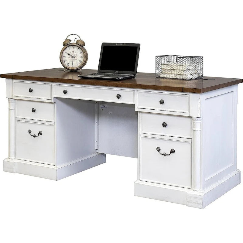 Escritorio Ejecutivo Blanco de Pedestal Doble, para 1 Persona, Estilo Rústico