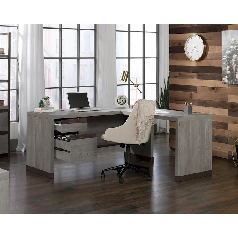 Escritorio en L Kiln Acacia con cajones – 1 persona