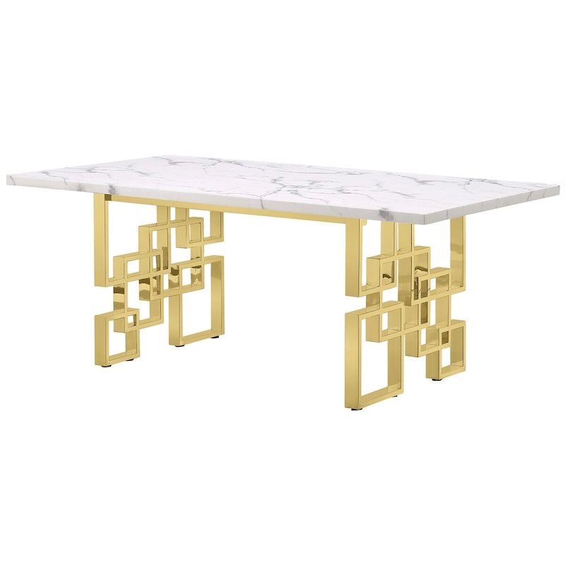 Mesa de comedor de mármol sintético blanco, base dorada/plateada, 4 a 8 plazas