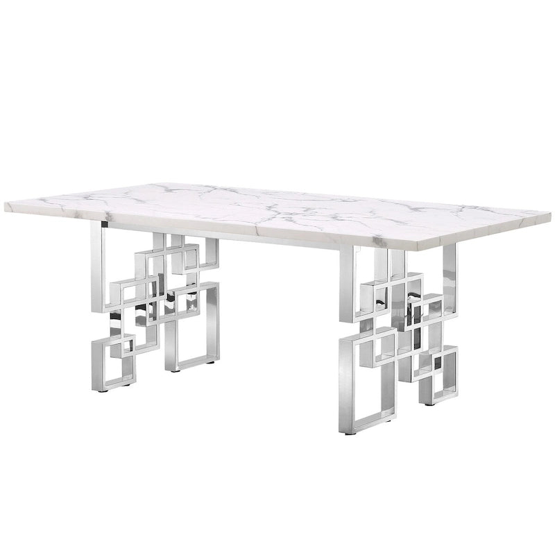 Mesa de comedor de mármol sintético blanco, base dorada/plateada, 4 a 8 plazas