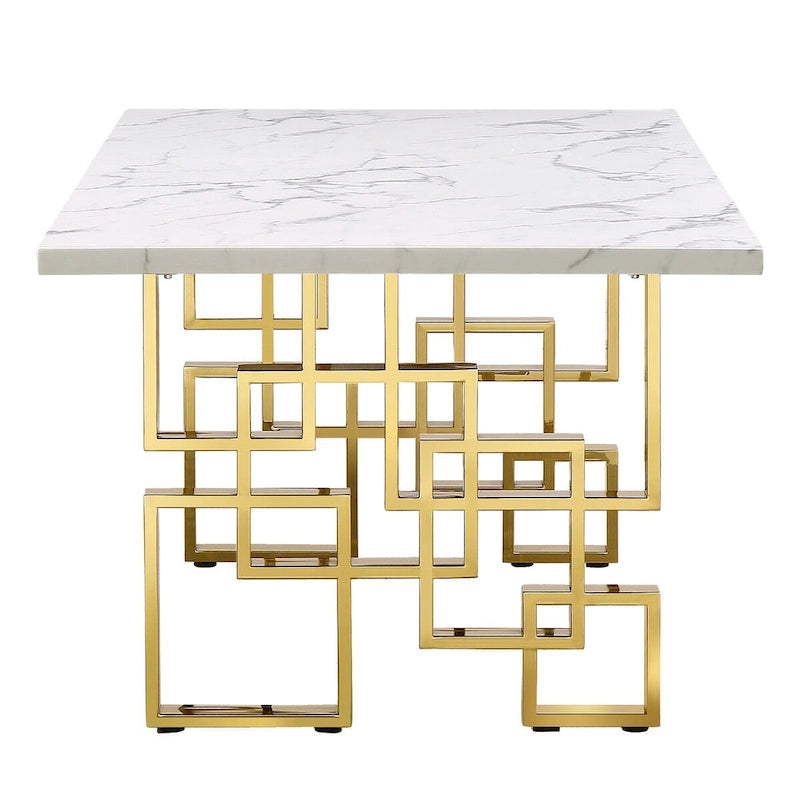 Mesa de comedor de mármol sintético blanco, base dorada/plateada, 4 a 8 plazas