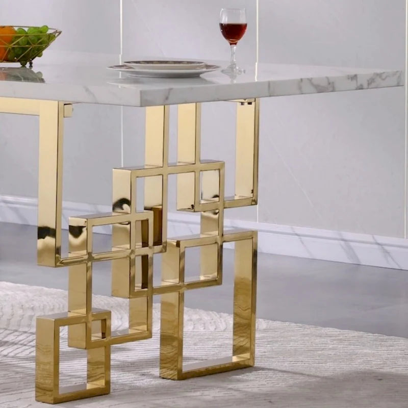 Mesa de comedor de mármol sintético blanco, base dorada/plateada, 4 a 8 plazas
