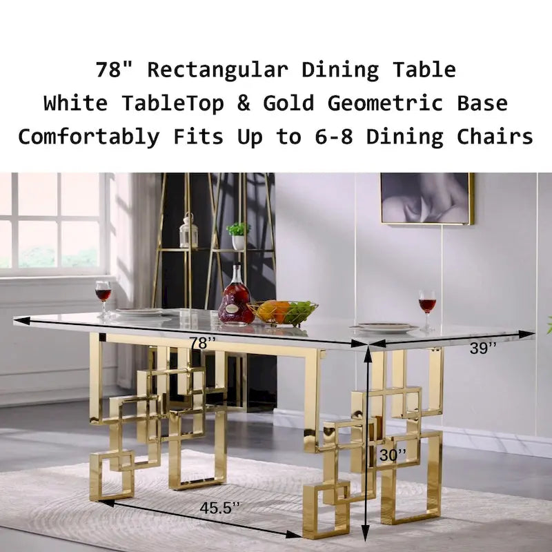 Mesa de comedor de mármol sintético blanco, base dorada/plateada, 4 a 8 plazas